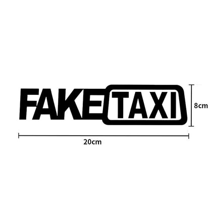 Waterproof FAKE TAXI car sticker in black, 20cm by 8cm, on a vehicle window.