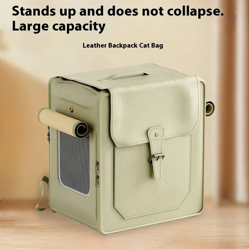 Foldable large capacity cat carrier bag in hard PU, shown in milky white or army green with optional pull rod