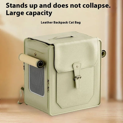 Foldable large capacity cat carrier bag in hard PU, shown in milky white or army green with optional pull rod