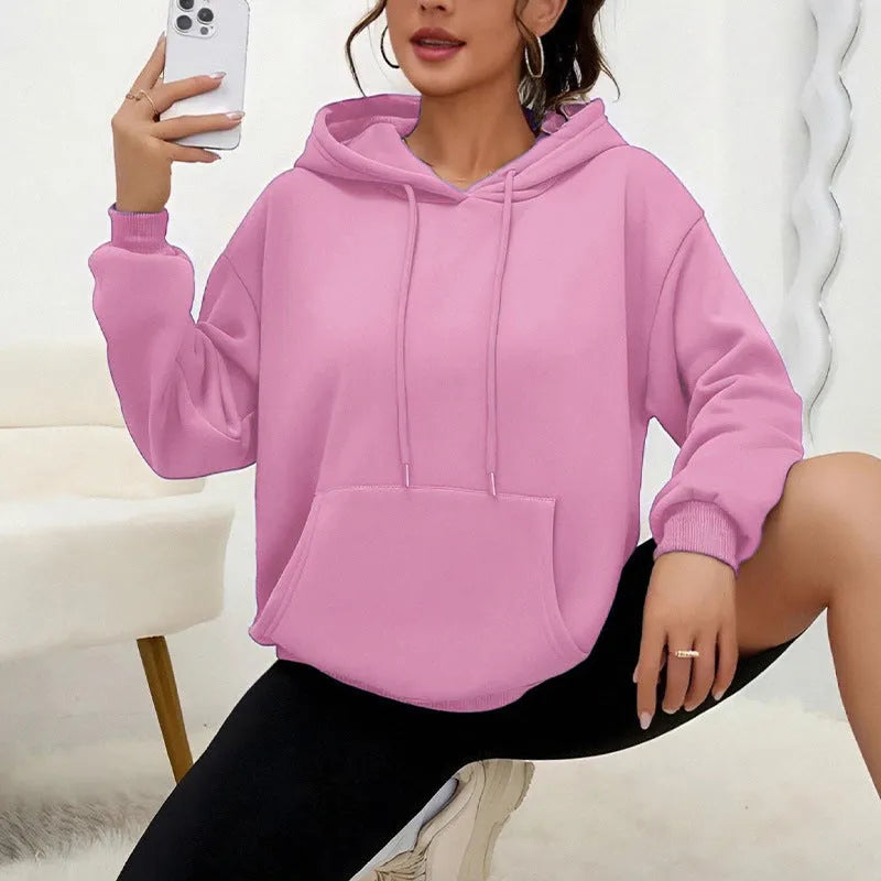 Women's loose grey sweatshirt with drawstring neck and front pocket, long sleeves, available in 17 colours