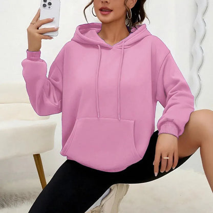 Women's loose grey sweatshirt with drawstring neck and front pocket, long sleeves, available in 17 colours