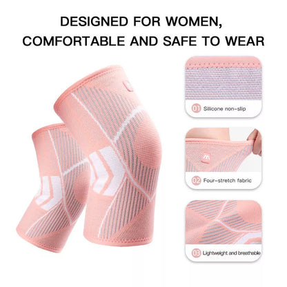 Non-slip knee compression sleeves in blue, pink, and black for pain relief and support