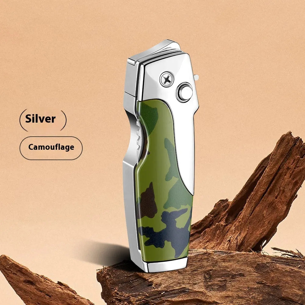 Metal folding lighter with integrated knife showing zinc alloy construction and safety lock mechanism