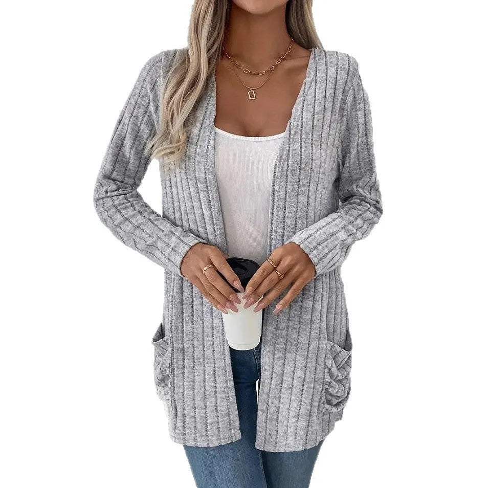 Solid colour long sleeve cardigan with pockets in Granny Grey, loose fit design