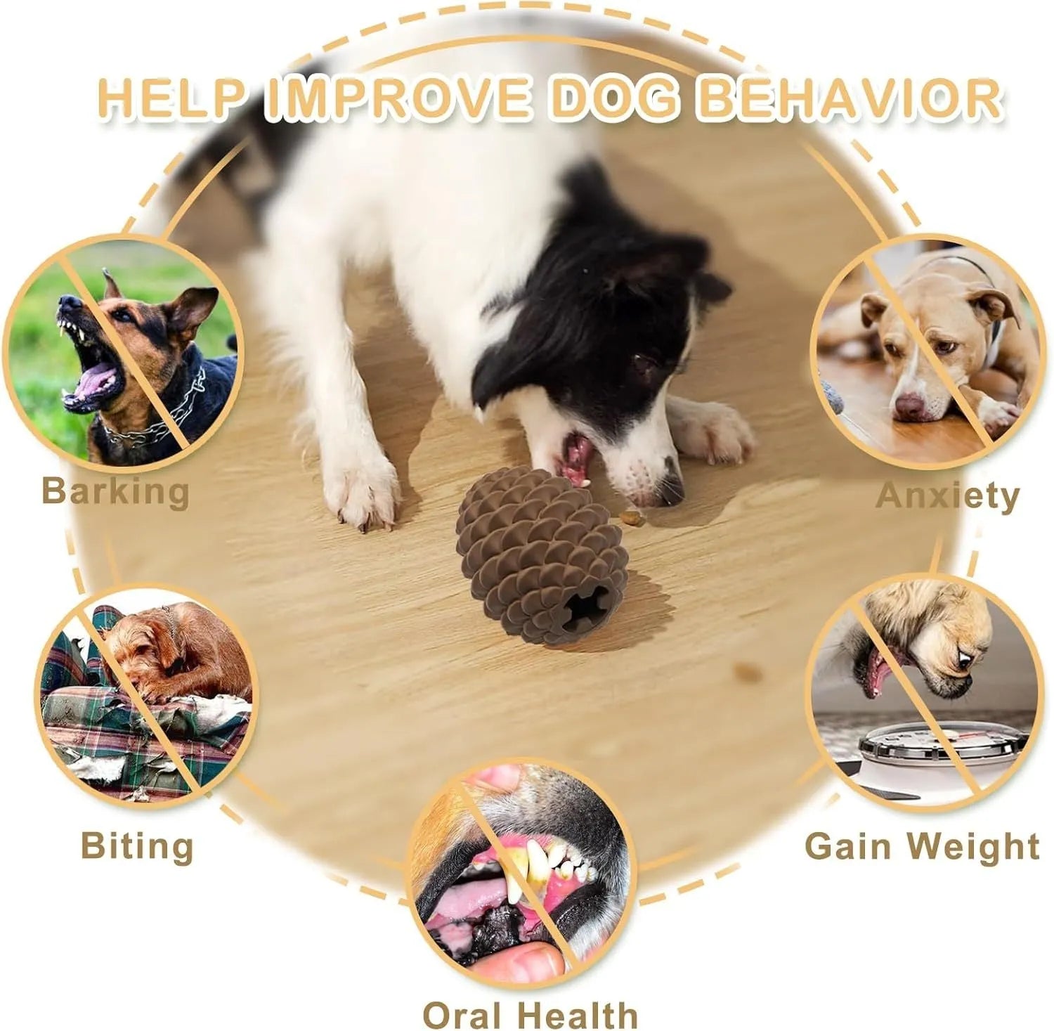 Pine cone-shaped yellow dog toy with treat dispenser, natural rubber construction, for medium to large breeds