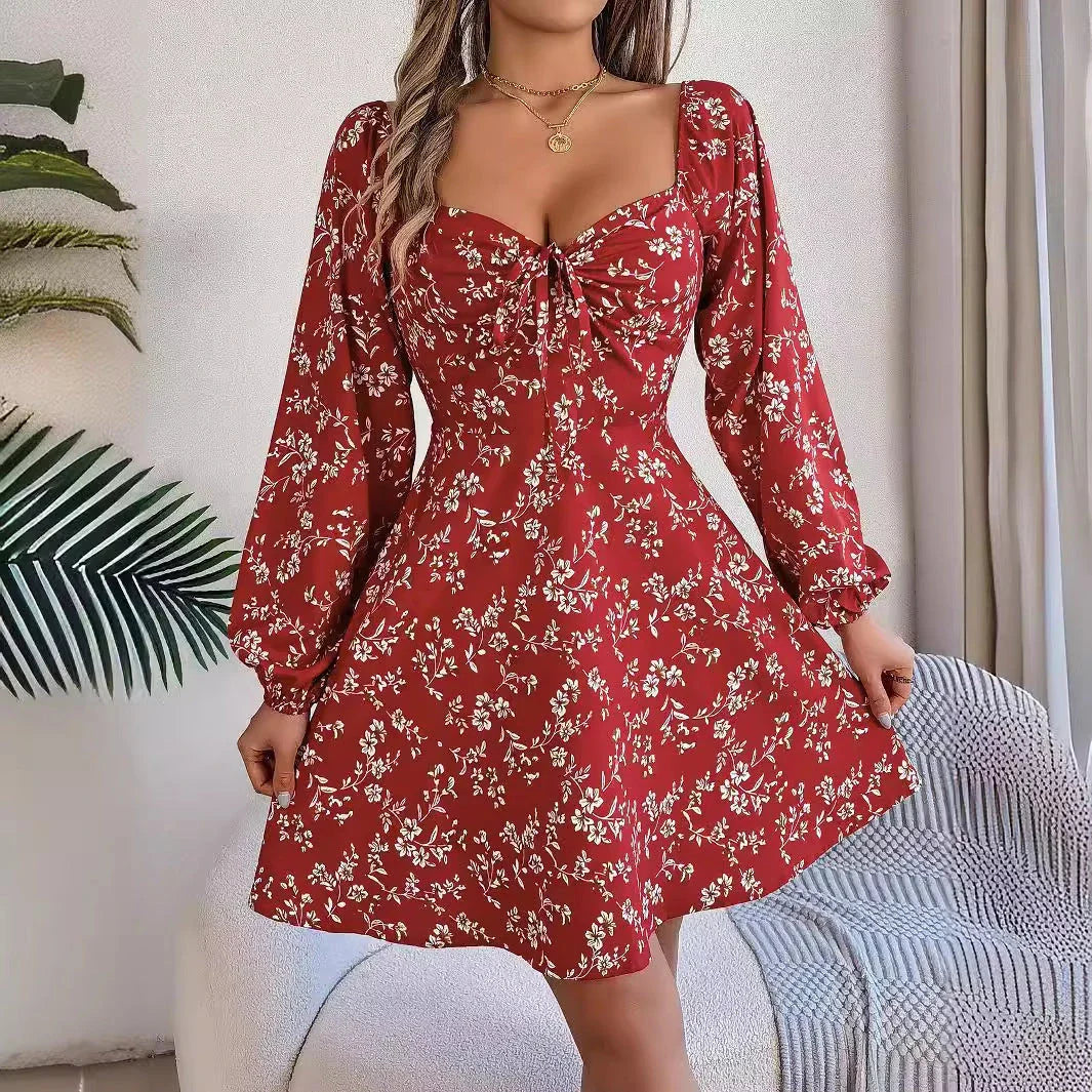 Flirty floral print chiffon dress with lantern sleeves, square neckline, and A-line silhouette