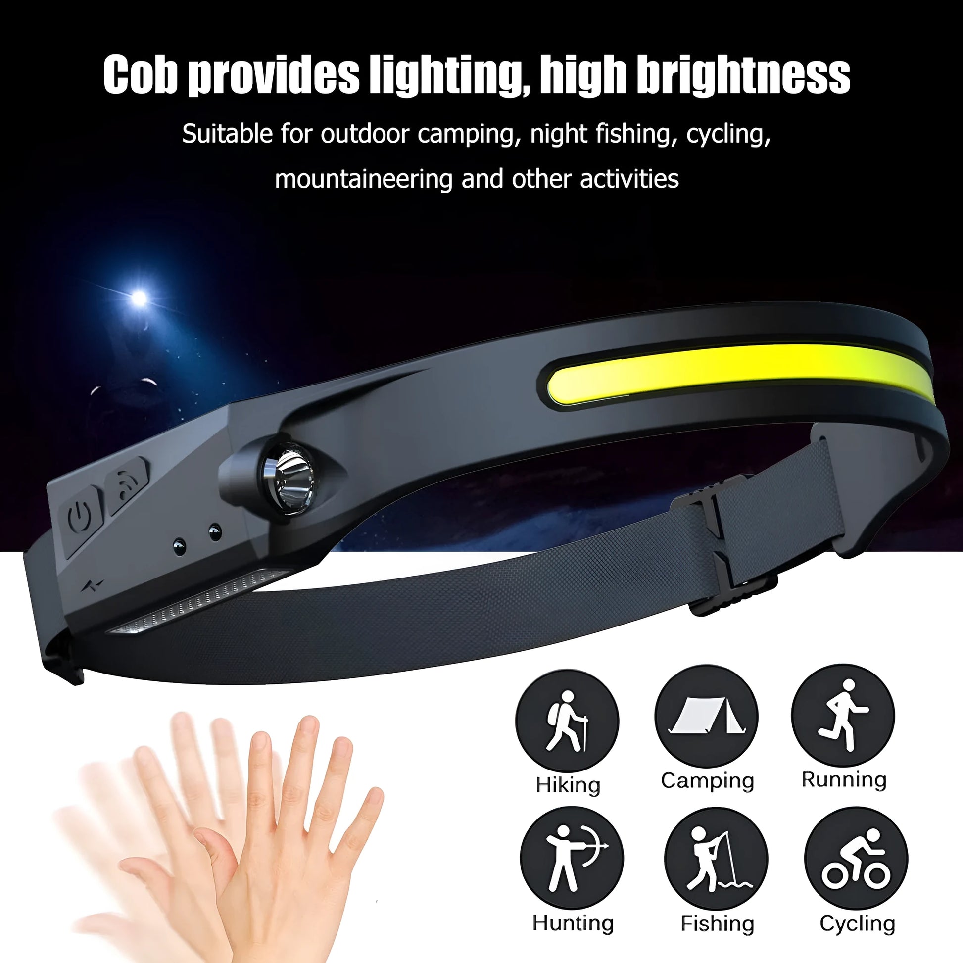 Black silicone USB rechargeable headlamp with a wide COB LED lens and a side wave sensor.