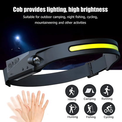Black silicone USB rechargeable headlamp with a wide COB LED lens and a side wave sensor.