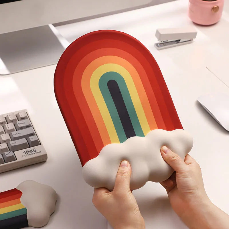 Silicone cloud wrister mouse pad with matching keyboard support for anti-slip typing and mouse control, washable and featuring thermal transfer pastoral style designs in red, white, grey, or black cloud patterns
