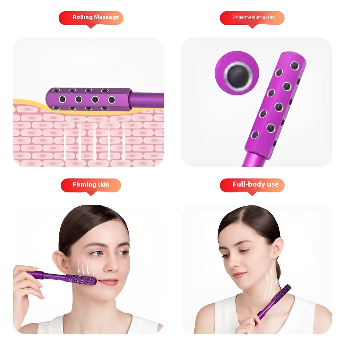 Germanium stone beauty stick 172mm facial massage roller in purple, rose gold or black highlight finish