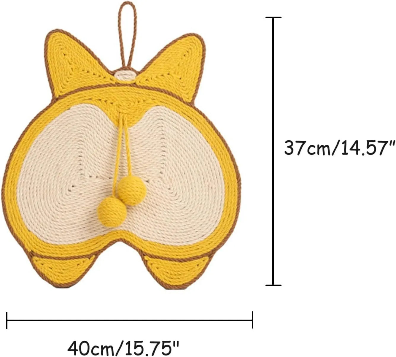 Yellow sisal cat scratching pad with Corgi dog butt design, showing anti-slip EVA base and adhesive hooks.