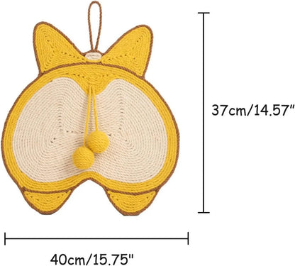 Yellow sisal cat scratching pad with Corgi dog butt design, showing anti-slip EVA base and adhesive hooks.
