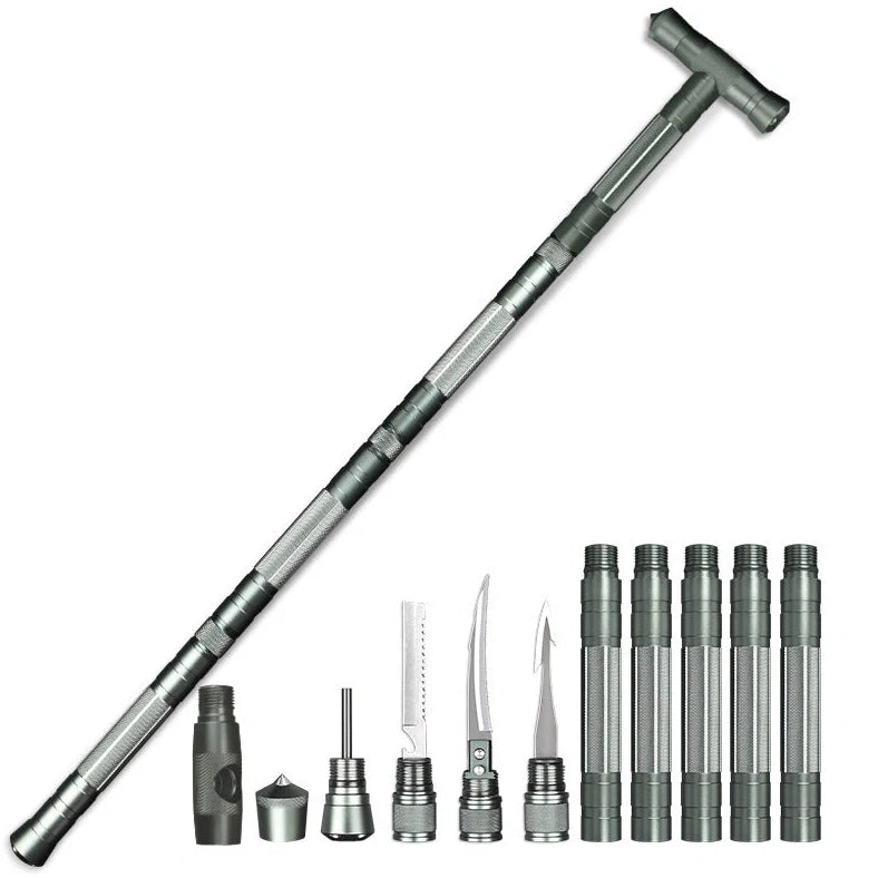 Black aluminium climbing pole with T-handle extended to 145cm beside camouflage storage bag