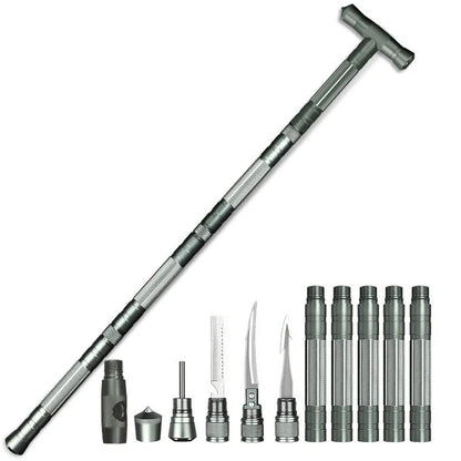 Black aluminium climbing pole with T-handle extended to 145cm beside camouflage storage bag