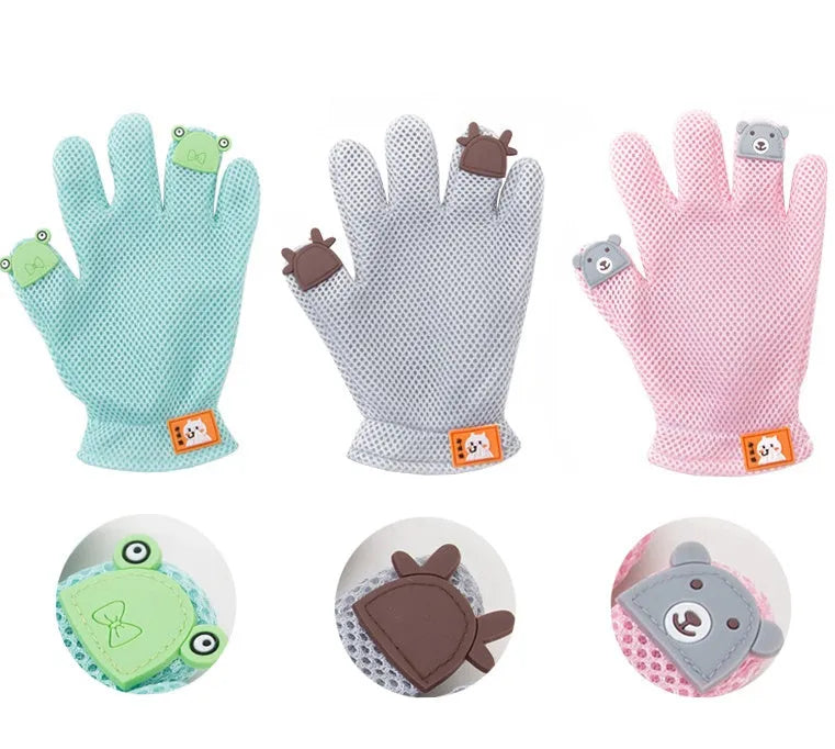 Silicone pet hair removal brush and grooming glove for cats and dogs in Pink, Grey, or Green.