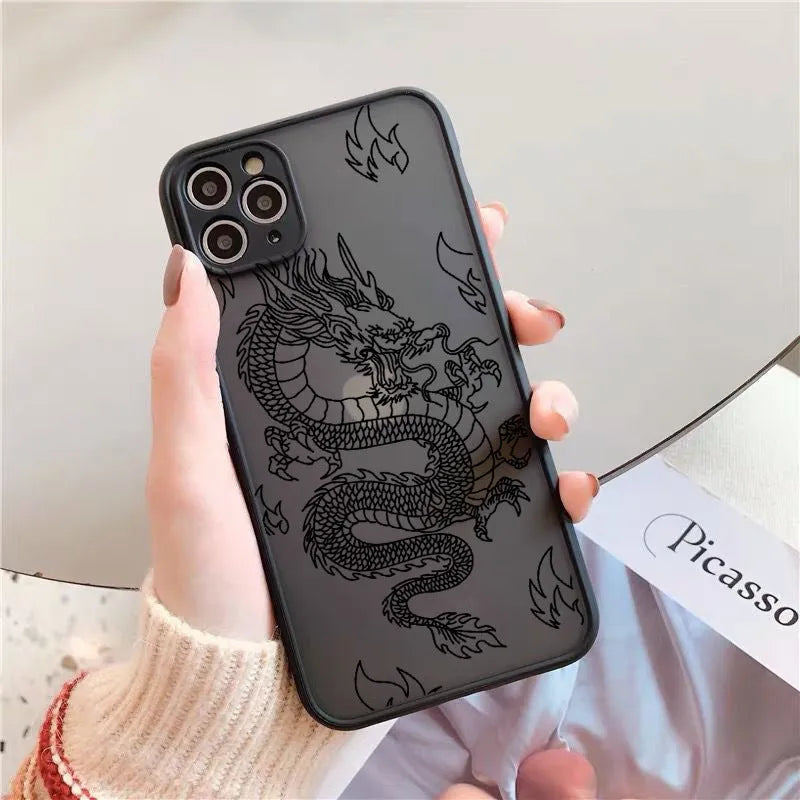 Frosted iPhone case with dragon line art in black, showing Chinese-style painted design and TPU PC back cover.
