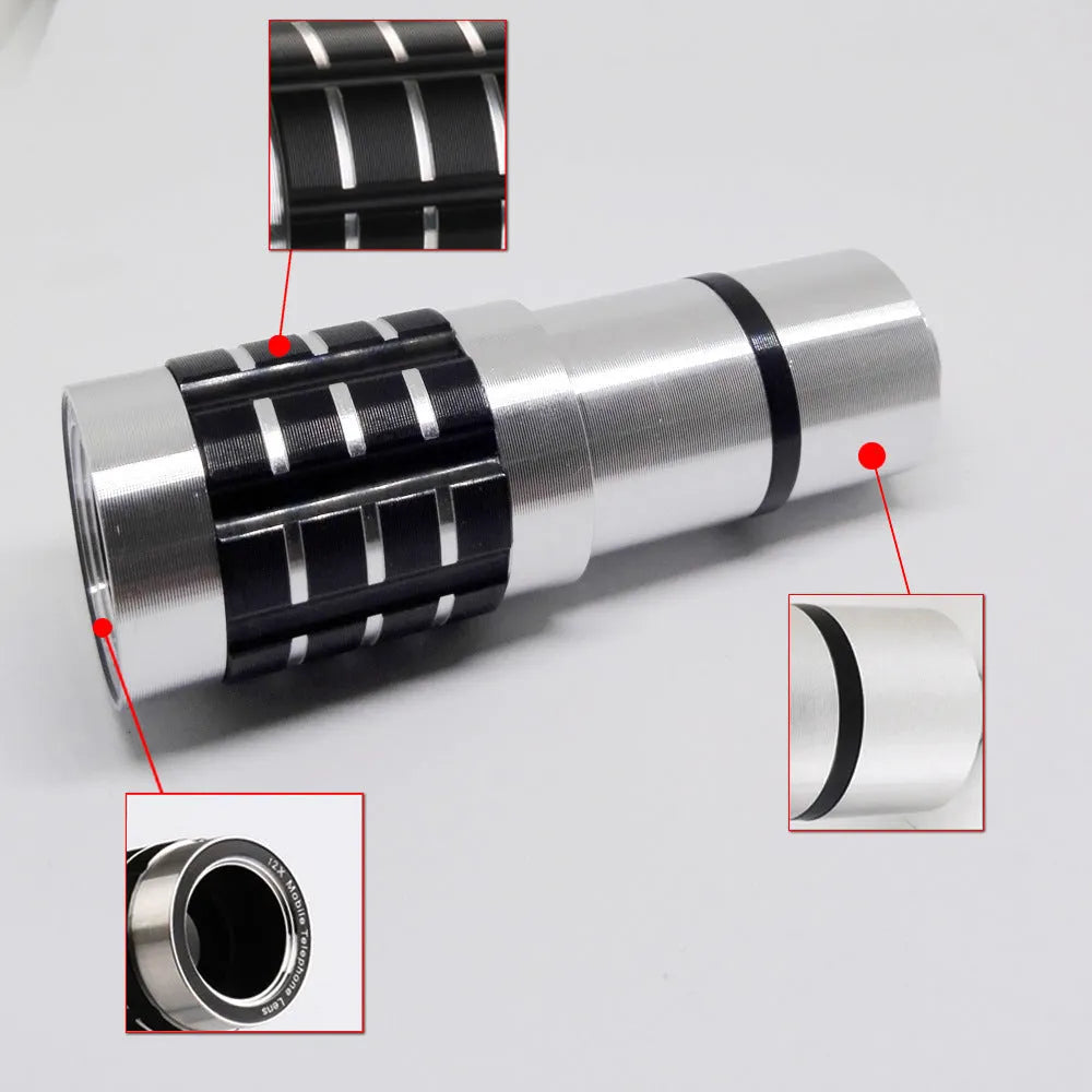 12x telescopic smartphone lens with universal collar clip for outdoor filming and distance photography