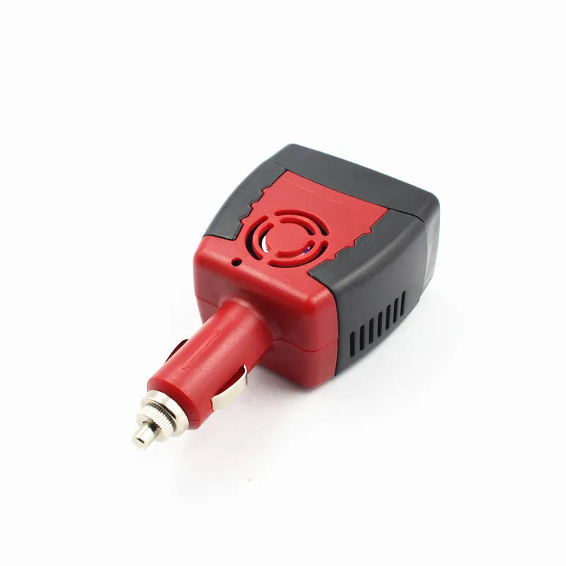 Black and red 150W car power inverter converting 12V DC to 110V AC with USB port