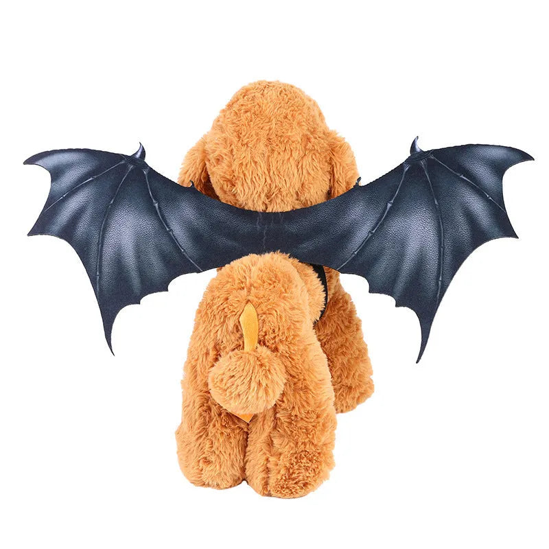 Black cloth bat wings for pet Halloween costume with adjustable straps, shown in three sizes: 40cm, 55cm, and 64cm wingspan