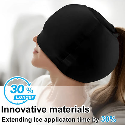 Simple solid colour cold compress cap in black, dark blue, or pink with fully enclosed design for head relief