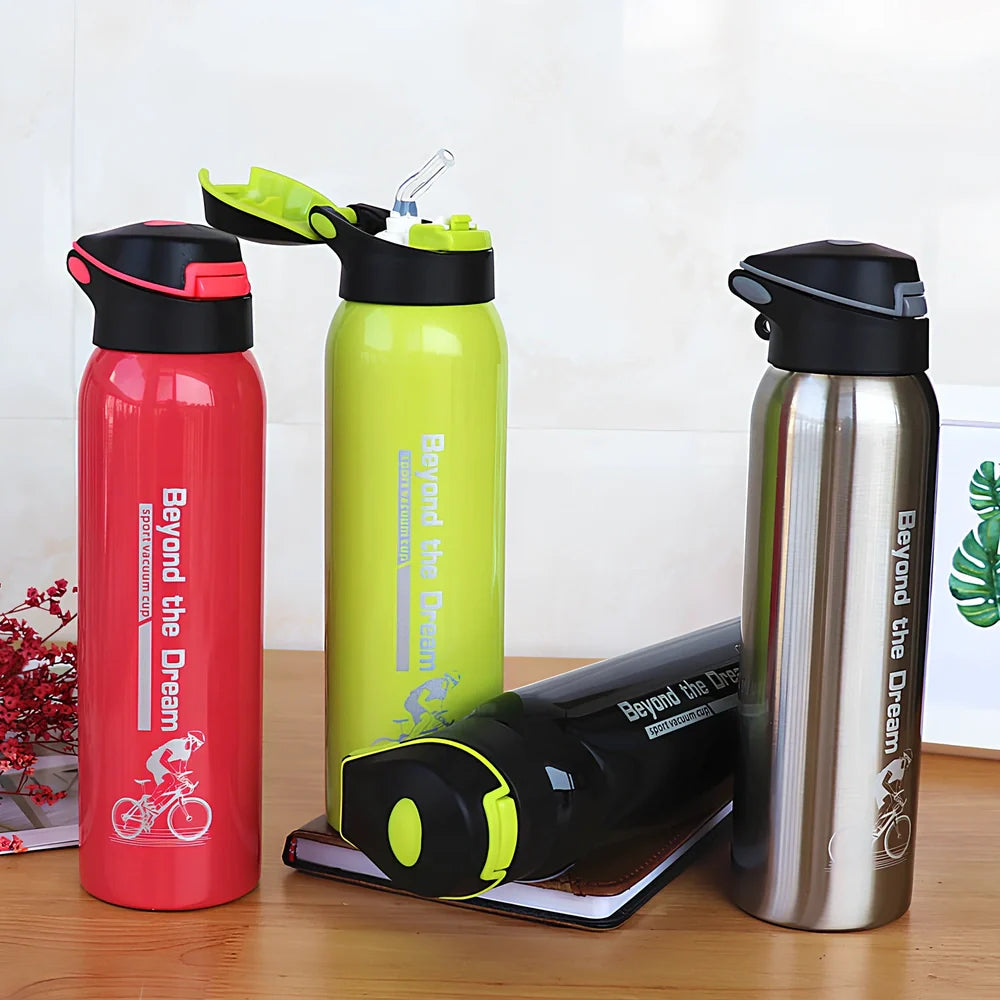 500ml stainless steel sport thermos water bottle in pink, black, green, and silver colours showing straight-cut design