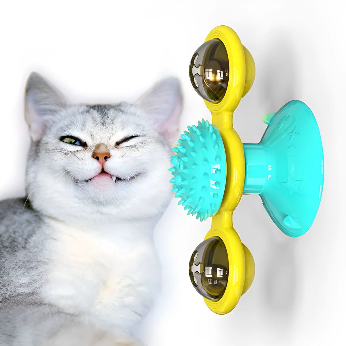 Cat rotating windmill toy with suction base, two transparent bins, blue and yellow-green TPR body.