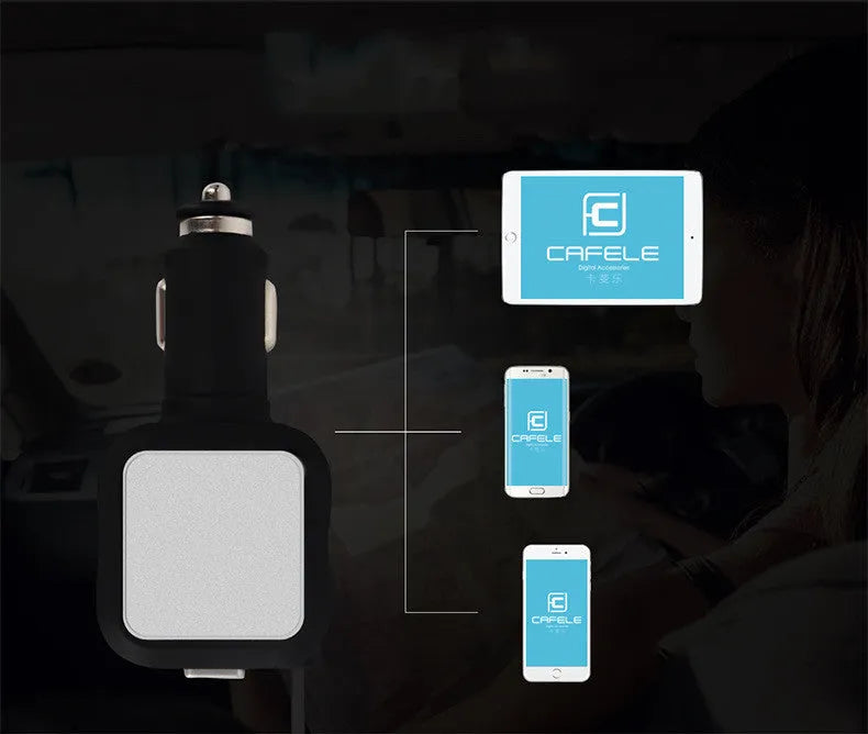 Black and gold dual USB car charger with retractable cable plugged into vehicle power socket