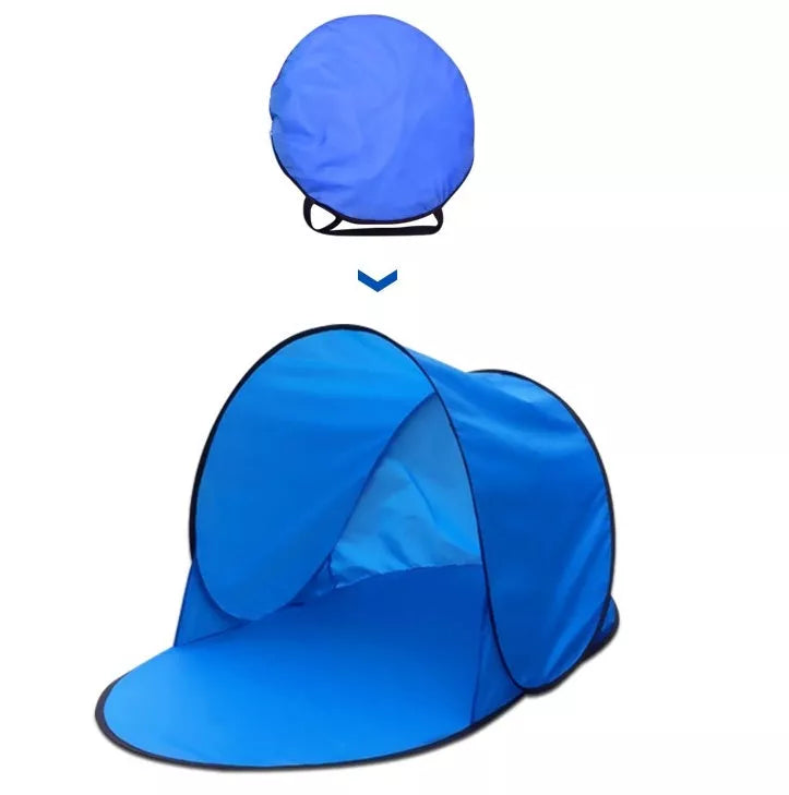 Outdoor sunshade folding tent in sky blue and orange with carbon fiber struts