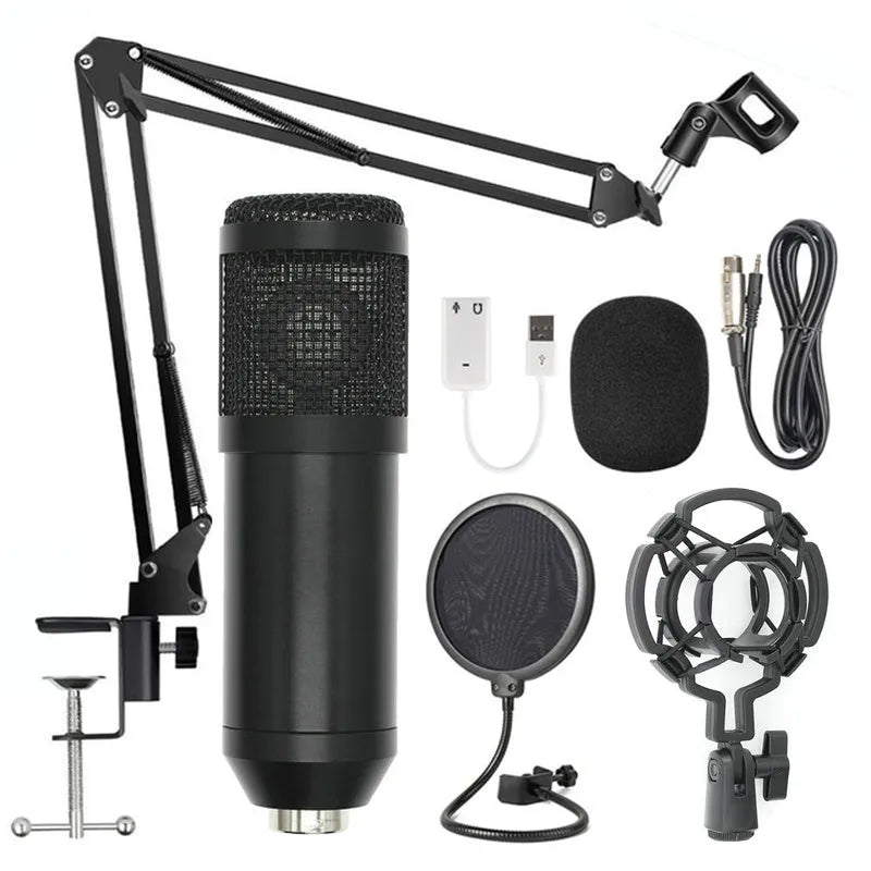 BM-800 condenser microphone stand set with professional recording microphone on desktop