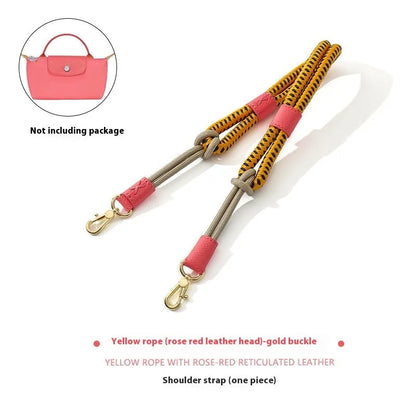 Braided rope shoulder strap with alloy hardware in silver or gold finish options
