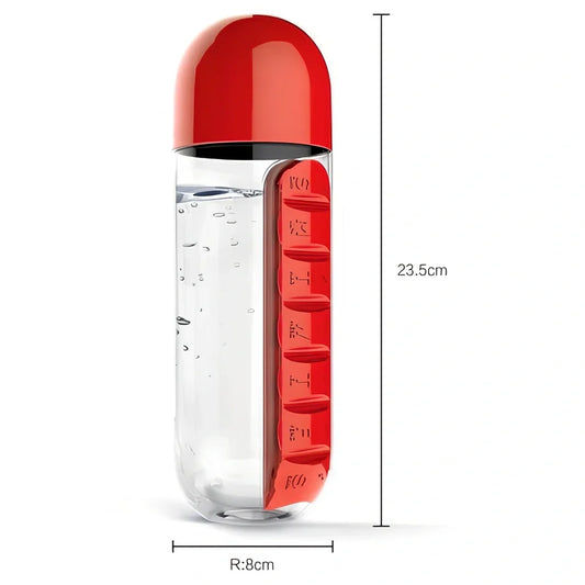 Black wrist capsule water cup showing integrated medicine compartment and safety buckle closure