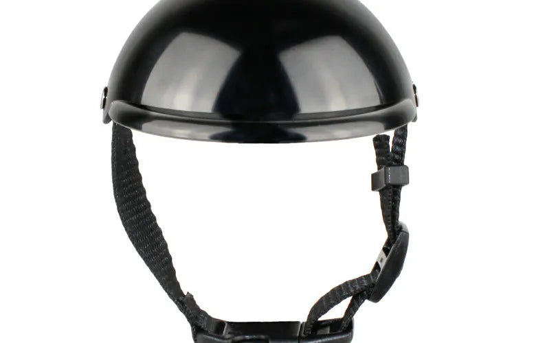 Black pet helmet for dogs and cats with adjustable strap, ABS shell, sizes S and M