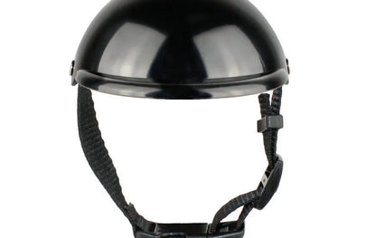 Black pet helmet for dogs and cats with adjustable strap, ABS shell, sizes S and M
