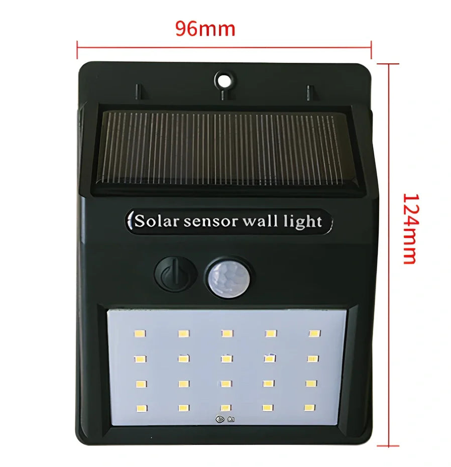 Solar sensor light in black ABS plastic with 20 LEDs and infrared motion detection, package 130x102x55mm
