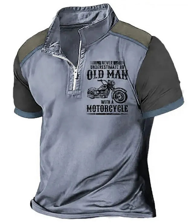 Men's casual polo shirt with digital letter printing and zipper decorations in polyester fibre