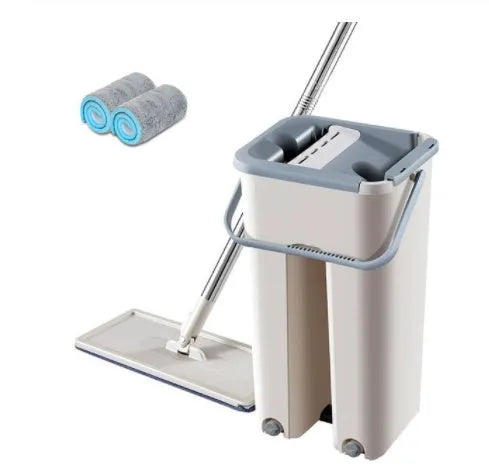Blue wooden floor lazy mop with bucket, microfibre flat head, aluminium rod, and 360-degree rotation