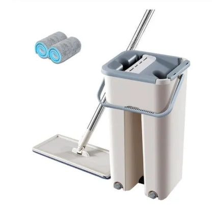 Blue wooden floor lazy mop with bucket, microfibre flat head, aluminium rod, and 360-degree rotation