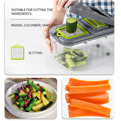 Grey multi-function vegetable cutter with stainless steel blades and foldable compartment design measuring 26cm