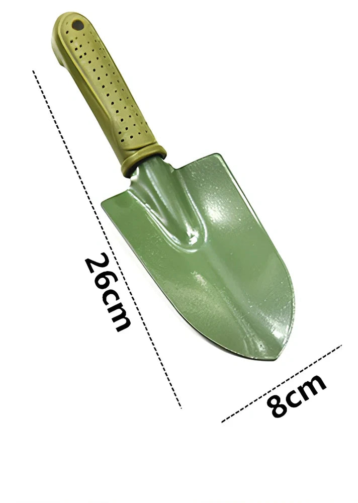 Gardening scarifier kit with green antiskid handle and two planting shovels for outdoor use