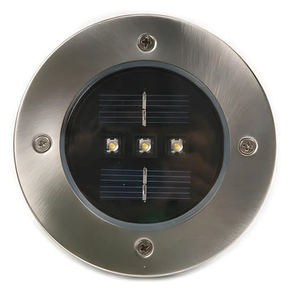 Stainless steel solar garden light measuring 11.5x11.5x13cm with automatic dusk operation