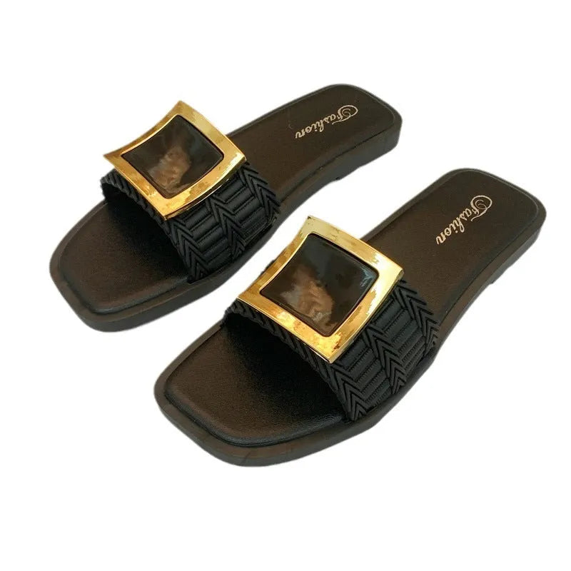 Women's summer flat slippers in apricot, black, and khaki colours with PVC non-slip soles