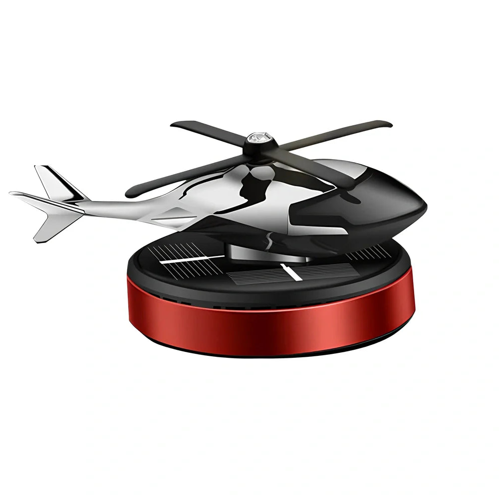 Solar helicopter car air freshener with rotating propeller on metal base, 180g weight