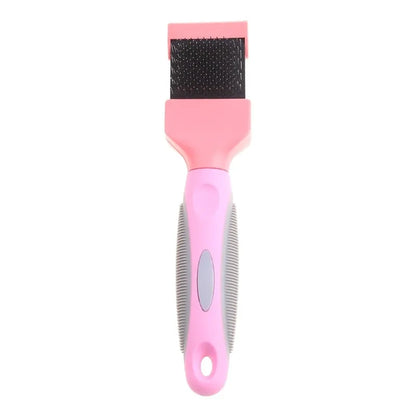 A blue double-sided pet grooming brush with stainless steel pins and a non-slip handle.