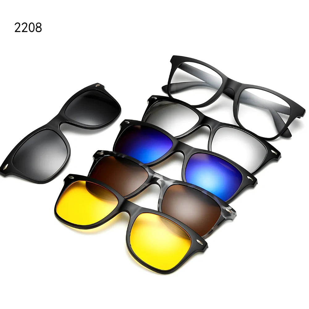Magnetic sunglasses showing closure system with resin lenses and PC frame in multiple size options