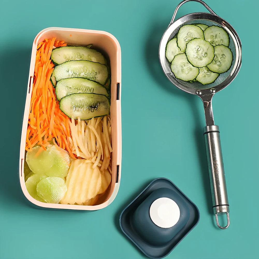 Blue multi-function kitchen cutter with stainless steel blades for slicing and shredding vegetables