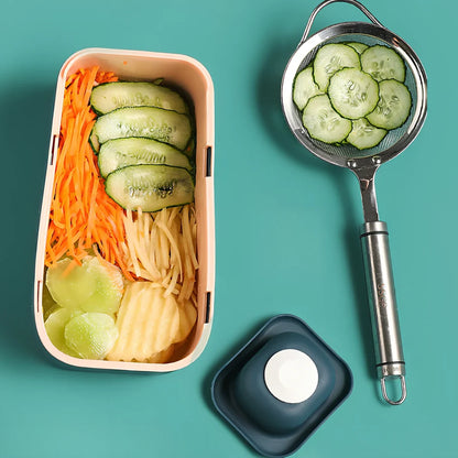 Blue multi-function kitchen cutter with stainless steel blades for slicing and shredding vegetables