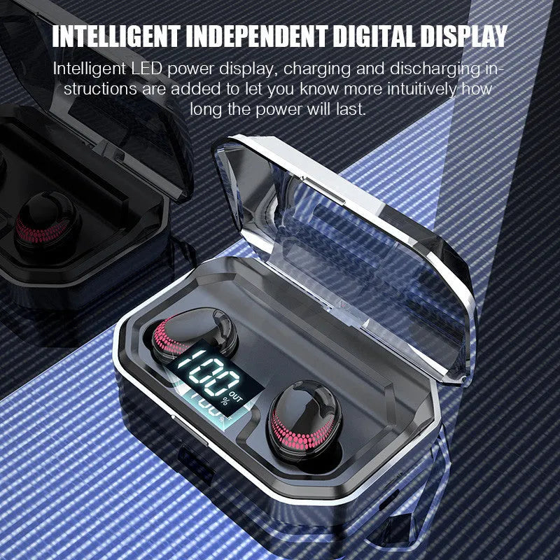 Black X10 Bluetooth headset with charging bin, showing compact 150x100x40mm size and lightweight design