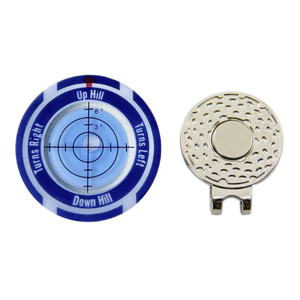 Golf level hat clip measurement device with green level markings and position marks for putting alignment