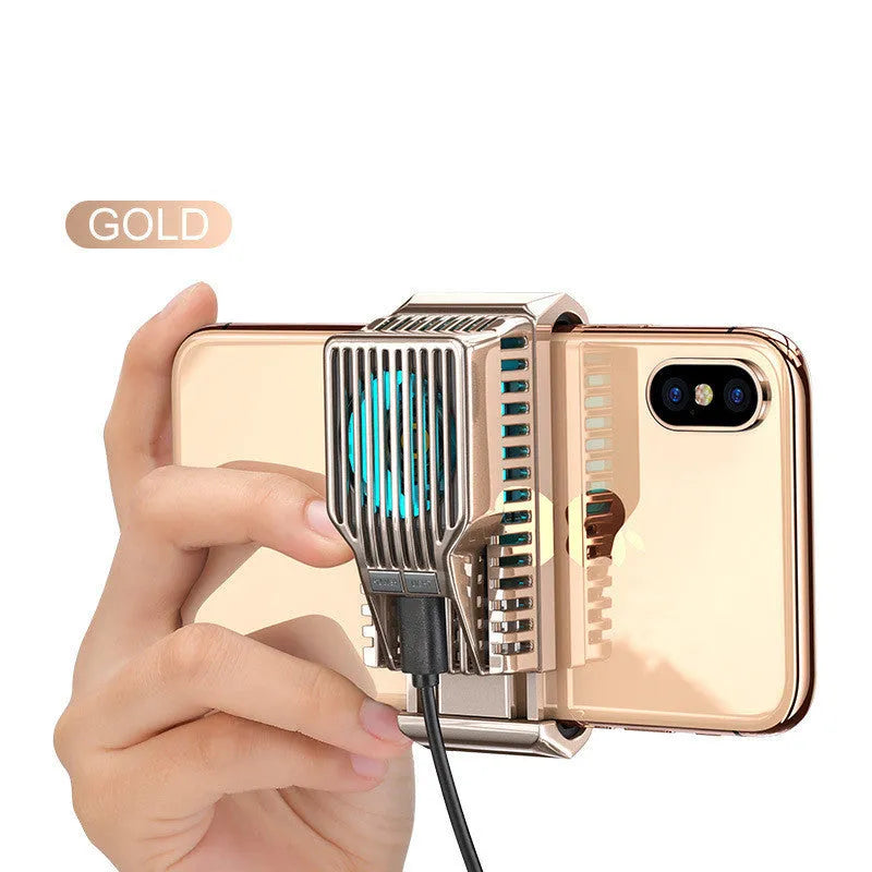 Black mobile phone radiator clip attached to a smartphone, showing aluminium and ceramic cooling surfaces.