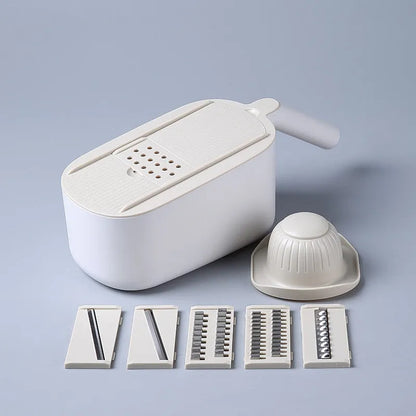 Nordic style kitchen vegetable slicer in blue, grey, or khaki colours with stainless steel cutting components
